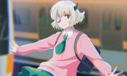 Rule 34 | 1girl, azuma kei, bandaged head, bandages, black horns, blonde hair, blunt bangs, blurry, blurry background, cardigan, cellphone, closed mouth, collared shirt, eyepatch, film grain, green eyes, green neckerchief, green skirt, horns, imminent death, long sleeves, looking at viewer, neckerchief, outstretched arms, phone, pink sweater, pleated skirt, puffy sleeves, ruru (shinsei kamattechan), shinsei kamattechan, shirt, short hair, single horn, skirt, smile, solo, suicide, sweater, train station, white shirt