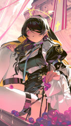 1girl absurdres black_hair blue_archive blue_necktie coif commentary dutch_angle ear_chain food fruit garter_straps grapes hair_over_one_eye halo hand_on_own_knee highres hinata_(blue_archive) juliet_sleeves leg_up linked_piercing long_sleeves looking_down necktie nun omurice_(304975636) open_mouth pelvic_curtain piercing puffy_sleeves red_eyes sitting skindentation solo thighhighs winged_halo