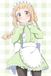 1girl alternate_costume apron black_pantyhose blonde_hair blush bow crust_gm0 dot_nose feet_out_of_frame female_focus green_eyes hair_bow inose_mai koisuru_asteroid looking_at_viewer maid maid_apron maid_headdress nail_polish open_mouth pantyhose solo standing