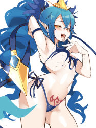 1girl bare_shoulders bikini blue_bikini blue_cape blue_hair blush bombergirl breasts cape drill_hair fangs hair_between_eyes headpiece highres lewisia_aquablue long_hair looking_at_viewer micro_bikini navel open_mouth pointy_ears small_breasts smile solo stomach_tattoo swimsuit tattoo thighs tongue tongue_out twin_drills user_fkzw8222 yellow_eyes