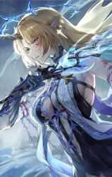 1girl armored_gloves bare_shoulders black_collar black_dress blue_eyes breasts collar commentary crown_of_thorns dress earrings english_commentary fleurdelys_(wuthering_waves) floating_earrings gloves highres holding holding_sword holding_weapon horns jewelry large_breasts long_horns looking_ahead mihan_(mihan_art) parted_lips pointy_ears rain revision sideboob single_glove single_horn solo storm sword tacet_mark_(wuthering_waves) wading weapon wuthering_waves yellow_horns