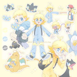 &gt;_&lt; 1girl 2boys aged_down ahoge akasaka_(qv92612) alternate_color ash_ketchum backpack bag black_footwear blonde_hair blue_jumpsuit bonnie_(pokemon) brother_and_sister clemont_(pokemon) closed_eyes commentary_request dragonite fist_bump gen_1_pokemon gen_4_pokemon glasses heart highres jumpsuit long_sleeves luxio luxray mechanical_arms medium_hair multiple_boys nintendo poke_ball_symbol pokemon pokemon_(anime) pokemon_journeys pokemon_masters_ex round_eyewear shinx shoes siblings sparkle white_bag