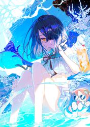 1girl bare_legs bikini bikini_skirt black_hair blue_background closed_mouth colored_inner_hair coral crossed_bangs elbow_rest endo_(takolegs) expressionless fate/grand_order fate_(series) feet_out_of_frame floating_hair game_cg hair_over_one_eye halterneck hand_in_own_hair hand_on_own_leg hand_up high_collar knees_up lady_yu_doll looking_at_viewer multicolored_hair off-shoulder_bikini off_shoulder official_art one_eye_covered orange_eyes partially_submerged short_hair sitting solo swimsuit third-party_source tropical_drink water xu_fu_(fate) xu_fu_(swimsuit_avenger)_(second_ascension)_(fate)