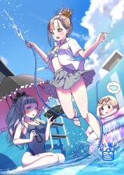 3girls absurdres aqua_nails armpit_peek artist_logo barefoot black_one-piece_swimsuit black_ribbon blonde_hair blue_sky blush bottle bow bow_bra bra braided_sidelock breasts brown_hair child cleavage cloud collarbone collared_shirt commentary_request crotch_seam day dot_nose dutch_angle eyewear_on_head fingernails floating_clothes flower full_body grey_eyes grey_hair grey_skirt hair_bow hair_bun hair_flower hair_ornament hair_ribbon hand_fan hands_up heart heart-shaped_eyewear high-waist_skirt highres holding holding_fan holding_hose holding_umbrella hose implied_pantyshot lace-trimmed_fan ladder logo long_sidelocks medium_breasts medium_hair miniskirt multiple_girls nail_polish one-piece_swimsuit open_clothes open_mouth open_shirt original outstretched_arms pancake_(pocket_domori) panties pantyshot pantyshot_through_reflection paperclip_hair_ornament parasol parted_lips pink_eyes pleated_skirt polka_dot polka_dot_bra polka_dot_panties ponytail pool reflection ribbon school_uniform shirt short_sleeves sidelocks sitting skirt sky smile speech_bubble splashing spoken_heart spoken_panties spread_arms summer sunlight surprised swimsuit tripping umbrella underwear wading wading_pool walking wariza water watermark wavy_hair white_bow white_bra white_panties white_shirt yellow_flower
