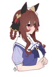 Rule 34 | 1girl, animal ears, blush, bow, bowtie, braid, braided hair rings, breasts, brown hair, closed mouth, ear covers, ear ornament, gentildonna (umamusume), hair rings, highres, horse ears, horse girl, kawai ritsu (rits meg), large breasts, long hair, puffy short sleeves, puffy sleeves, purple bow, purple bowtie, purple shirt, red eyes, sailor collar, school uniform, shirt, short sleeves, simple background, solo, tracen school uniform, umamusume, wavy sidelocks, white background, white sailor collar