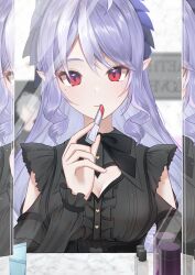 1girl black_bow black_bowtie black_dress bow bowtie breasts cleavage cleavage_cutout closed_mouth clothing_cutout commentary cosmetics diamond-shaped_pupils diamond_(shape) dress hand_up hashtag-only_commentary heart_cutout highres holding holding_lipstick_tube large_breasts lipstick_tube long_hair mirror mole mole_under_eye pointy_ears purple_hair red_eyes reflection russi_silver smile symbol-shaped_pupils very_long_hair vivian_banshee zenless_zone_zero