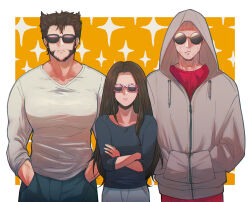 1girl 2boys beard brown_hair closed_mouth commentary_request crossed_arms deadpool deadpool_&amp;_wolverine deadpool_(series) doghooouse facial_hair hands_in_pockets highres hood hood_up large_pectorals laura_kinney long_hair long_sleeves marvel marvel_cinematic_universe multiple_boys muscular muscular_male pectorals red_shirt scar scars_all_over shirt short_hair sparkle sunglasses too_many veins veiny_arms wolverine_(x-men) x-23 x-men