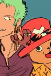 2boys antlers blue_background blue_nose commentary_request earrings green_hair hat highres horns jewelry male_focus multiple_boys ocean_siro one_piece pink_hat purple_shirt reindeer_antlers roronoa_zoro shirt short_hair sideburns smile sunglasses tony_tony_chopper twitter_username upper_body yellow_shirt