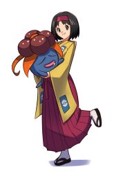 1girl absurdres black_eyes black_hair bob_cut closed_eyes drooling erika_(pokemon) gloom_(pokemon) hairband hakama hakama_skirt highres holding holding_pokemon japanese_clothes kimono looking_at_viewer nintendo poke_ball_print pokemon pokemon_(creature) pokemon_frlg red_hairband red_hakama sandals short_hair simple_background skirt smgold smile socks white_background white_socks yellow_kimono