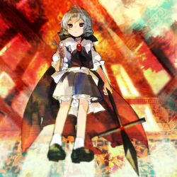 Rule 34 | 1girl, black cape, black neckerchief, black shoes, black skirt, black vest, brooch, cape, character request, closed mouth, collared shirt, flat chest, floating, frilled shirt collar, frilled sleeves, frills, grey hair, highres, jewelry, kaigen 1025, muse (seihou), neckerchief, petticoat, pleated skirt, red brooch, red eyes, seihou, shirt, shoes, short hair, skirt, socks, vest, white shirt, white socks