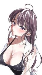 1girl bare_shoulders black_one-piece_swimsuit blush breasts cleavage collarbone collared_shirt dolla_(nikke) goddess_of_victory:_nikke highres large_breasts long_hair looking_at_viewer miumiumi_99 mole mole_under_eye one-piece_swimsuit open_clothes open_shirt ponytail purple_eyes purple_hair shirt solo swimsuit wet wet_clothes wet_shirt white_shirt