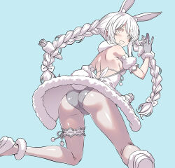 1girl :d animal_ear_fluff animal_ears ass bare_shoulders blue_background blush bow braid carrot_hair_ornament commentary_request detached_sleeves dress food-themed_hair_ornament fur-trimmed_dress fur-trimmed_gloves fur_trim gloves hair_bow hair_ornament highres hololive leotard long_hair looking_at_viewer looking_back open_mouth puffy_short_sleeves puffy_sleeves rabbit_ears sakuya_tsuitachi shoes short_eyebrows short_sleeves simple_background smile solo strapless strapless_dress thick_eyebrows twin_braids twintails usada_pekora usada_pekora_(1st_costume) very_long_hair virtual_youtuber