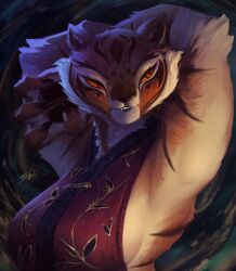 1girl animal_ears animal_hands animal_nose armpits arms_behind_head arms_up artist_name body_fur breasts brown_fur chromatic_aberration claws colored_sclera dark facial_mark fang female_focus furry furry_female gold_trim green_background highres kung_fu_panda large_breasts looking_to_the_side multicolored_fur orange_fur orange_sclera pawpads red_eyes red_shirt shirt sideboob sidelighting signature sleeveless sleeveless_shirt slit_pupils snout solo sophyucha standing striped_fur teeth tiger_ears tiger_girl tigress_(kung_fu_panda) upper_body whiskers white_fur