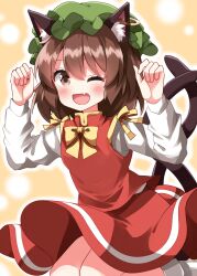 1girl ;d animal_ear_fluff animal_ear_piercing animal_ears blush bow bowtie brown_eyes brown_hair cat_ears cat_girl cat_tail chen commentary_request cowboy_shot earrings fang green_hat hands_up hat highres jewelry long_sleeves looking_at_viewer mob_cap multiple_tails one_eye_closed open_mouth red_skirt red_vest ruu_(tksymkw) shirt short_hair single_earring skin_fang skirt skirt_set smile socks solo tail touhou two_tails vest white_shirt white_socks yellow_bow yellow_bowtie