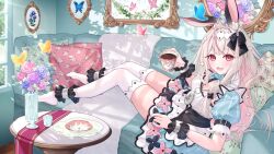 animal_ears breasts bug butterfly cleavage cup dress flower insect minausa minausaaa3763 rabbit_ears tea teacup thighhighs unohana_nonochi varium