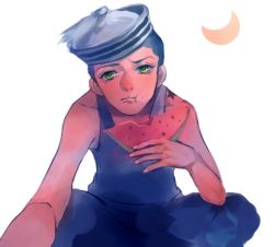 1boy baiyishaonian_huam blue_eyes crescent_moon dixie_cup_hat eating food fruit hat higashikata_josuke_(jojolion) jojo_no_kimyou_na_bouken jojolion lowres male_focus military_hat moon solo tank_top watermelon