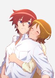 Rule 34 | 1boy, 1girl, blue eyes, blush, bob cut, brown hair, closed mouth, collarbone, collared shirt, couple, flirting, floating hair, from behind, hand on another&#039;s chest, hand on another&#039;s stomach, happinesscharge precure!, highres, hug, hug from behind, long sleeves, looking down, looking to the side, looking up, mature male, medium hair, oomori yuuko, parted bangs, phantom (happinesscharge precure!), precure, red hair, shirt, short hair, suspenders, twitter username, upper body, wasa7subi, watermark, white background, white shirt, yellow shirt