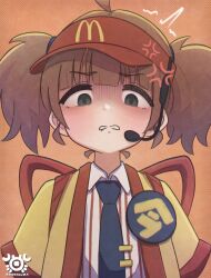 1girl absurdres anger_vein artist_logo artist_name back_bow badge black_necktie blunt_bangs bow brown_hair button_badge commentary disgust imadake_dabuchi_tabemi empty_eyes english_commentary grey_eyes hat headset highres kanniguma logo looking_at_viewer mcdonald&#039;s necktie orange_background parted_lips red_hat shirt short_hair simple_background solo standing striped_clothes striped_shirt textless_version twintails upper_body vertical-striped_clothes vertical-striped_shirt visor_cap white_shirt wing_collar yellow_happi
