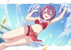 1girl :d absurdres ahoge alternate_costume armpits arms_up bare_arms blue_sky blurry blurry_background blush breasts brown_hair character_request check_character check_copyright cheerleader clothes_writing commentary commission confetti copyright_request double-parted_bangs foot_out_of_frame g-senjou_no_maou green_eyes hair_between_eyes heart highres hiraga_matsuri holding holding_pom_poms long_bangs looking_at_viewer medium_breasts micro_shorts miniskirt miwa_tsubaki navel open_mouth pleated_skirt pom_pom_(cheerleading) pom_poms red_skirt short_hair shorts skeb_commission skirt sky smile solo stomach sweat thighs very_sweaty