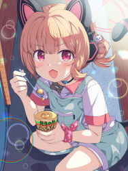 Rule 34 | 1girl, alternate costume, alternate hairstyle, animal ear headphones, animal ears, black choker, blonde hair, blue archive, blue overalls, blue socks, blush, cat ear headphones, cat tail, choker, cup, fake animal ears, fake tail, food, food on face, hair bun, headphones, highres, holding, holding cup, holding spoon, kneehighs, lens flare, mikoshi (user wvyd4348), momoi (blue archive), open mouth, overalls, pink eyes, polka dot, pudding, shirt, short sleeves, socks, solo, spoon, t-shirt, tail, white shirt
