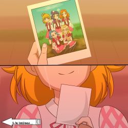 Rule 34 | asahina mirai, black legwear, blonde hair, blue hair, capelet, emily (mahou girls precure!), glasses, hat, izayoi liko, jojo no kimyou na bouken, jun (mahou girls precure!), kei (mahou girls precure!), long hair, mahou girls precure!, mofurun (mahou girls precure!), nann tou, orange hair, parody, photo (object), precure, purple eyes, purple hair, riko (mahou girls precure!), short hair, tears, thighhighs, to be continued, witch hat