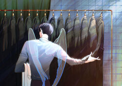 1boy black_coat black_hair coat coat_rack collared_shirt cowboy_shot feathered_wings head_tilt holding holding_unworn_clothes jacket_on_arm kim_dokja male_focus omniscient_reader&#039;s_viewpoint outstretched_hand raya_(000_unseen) shirt short_hair solo transparent_wings white_shirt wings