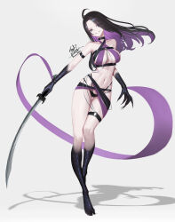 1girl absurdres ahoge arm_strap black_hair blue_eyes breasts claws colored_inner_hair dancer fantasy full_body grey_background grin highres holding holding_sword holding_weapon ikasamahideo large_breasts long_hair multicolored_hair navel original purple_hair revealing_clothes scales shadow signature slit_pupils smile solo sword thigh_strap two-tone_hair weapon