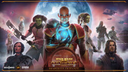 4girls 5boys absurdres alien armor bald bald_girl beard black_hair brown_hair colored_skin copyright_name english_text facial_hair green_skin gun highres holding holding_gun holding_weapon holocron key_visual logo looking_at_viewer multiple_boys multiple_girls official_art promotional_art red_skin rifle rodian scar scar_across_eye scar_on_face sith_pureblood smirk spacecraft star_wars star_wars:_the_old_republic twi&#039;lek weapon