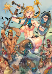 1girl 4boys abs armor armpits artist_name axe bad_id bad_pixiv_id battle_axe bird blonde_hair blue_eyes braid breasts dated f.s. highres multiple_boys muscular muscular_female open_mouth original outdoors shield sweat sword tagme toeless_footwear twin_braids warrior weapon
