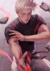 1boy 3aem black_shirt blood blood_on_face blue_eyes commentary from_above gojou_satoru highres jujutsu_kaisen male_focus nose pants pointing shirt short_hair solo toned toned_male upper_body white_hair white_pants