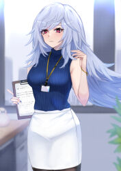 1girl blue_nails clipboard desk duel_monster fullborem grey_hair highres holding holding_clipboard id_card indoors long_hair looking_at_viewer marshmallon nail_polish office pencil_skirt purple_eyes secretary silent_magician skirt white_skirt window yu-gi-oh!