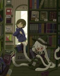 2girls blue_headwear blue_robe book book_stack bookshelf bookstore braid bright_pupils brown-framed_eyewear brown_hair closed_mouth commentary_request dot_mouth dress duster glasses green_dress green_eyes green_footwear green_necktie grey_ribbon hands_up hat hat_ribbon highres holding holding_unworn_clothes holding_unworn_hat indoors knees_up ladder long_hair multiple_girls necktie on_floor open_book open_door open_mouth original piyoko9494 pointy_ears reading red_eyes ribbon robe round_eyewear shoes shop short_hair sitting snake snake_hair twin_braids unworn_hat unworn_headwear very_long_hair white_hair white_pupils white_snake wide_sleeves witch witch_hat wooden_floor