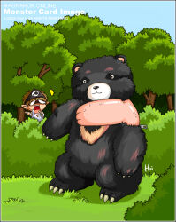 Rule 34 | 1boy, 2000s (style), 2004, bandana, bear, black bandana, blacksmith (ragnarok online), blonde hair, blue sky, bush, clear sky, cod.h, commentary request, copyright name, day, grass, official art, open mouth, outdoors, pointy ears, prototype design, ragnarok online, scared, shirt, short hair, skull print, sky, tree, upper body, white shirt, zipper bear
