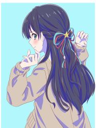 1girl black_hair blue_background blue_eyes blue_ribbon border braid brown_cardigan cardigan closed_mouth from_behind hair_ornament hair_ribbon half_up_braid half_updo hands_up hasu_no_sora_school_uniform highres link!_like!_love_live! long_hair long_sleeves looking_at_viewer looking_back love_live! murano_sayaka myrain56991013 profile red_ribbon ribbon sailor_collar school_uniform simple_background smile solo star_(symbol) star_hair_ornament upper_body virtual_youtuber white_border white_sailor_collar winter_uniform