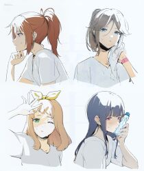 Rule 34 | 4girls, absurdres, black hair, blonde hair, blue eyes, blue hair, blush, bottle, brown hair, closed mouth, collarbone, green eyes, hair ribbon, hibike! euphonium, highres, holding, holding bottle, kasaki nozomi, long hair, multiple girls, nakagawa natsuki, one eye closed, ponytail, purple eyes, ramune, ratifuu, red eyes, ribbon, shirt, short sleeves, simple background, sweat, towel, upper body, white background, white shirt, yoroizuka mizore, yoshikawa yuuko