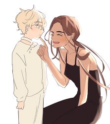 1boy 1girl aged_down alien_stage black_pants black_tank_top blonde_hair brown_hair child choker closed_eyes colored_eyelashes dark-skinned_female dark_skin hand_on_another&#039;s_chin highres hyuna_(alien_stage) long_hair luka_(alien_stage) open_mouth pants ponytail shirt short_hair smile tank_top very_short_hair viga_uzk white_choker white_pants white_shirt yellow_eyes