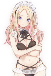 Rule 34 | 1girl, arms under breasts, bikini, black bikini, black bow, blonde hair, blush, bow, breasts, cat ornament, cleavage, closed mouth, crossed arms, gakuen idolmaster, idolmaster, juo sena, long hair, looking at viewer, maid, maid bikini, maid headdress, medium breasts, multicolored hair, nannacy7, navel, pink hair, purple eyes, simple background, solo, stomach, streaked hair, swimsuit, two-tone hair, unconventional maid, very long hair, white background