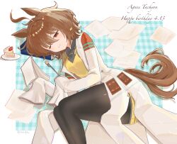 Rule 34 | 1girl, agnes tachyon (umamusume), ahoge, animal ears, black necktie, black pantyhose, black shirt, brown hair, brown tail, cake, cake slice, character name, chinese commentary, collared shirt, commentary request, eating, food, fork, fruit, hair between eyes, happy birthday, highres, holding, holding fork, holding paper, horse ears, horse girl, horse tail, lab coat, latticia c, looking at object, lying, medium hair, messy hair, mixed-language commentary, necktie, on side, one eye closed, pantyhose, paper, plate, red eyes, scattered paper, shirt, short necktie, sidelocks, signature, sleeves past fingers, sleeves past wrists, solo, strawberry, sweater vest, tail, umamusume, very long sleeves, wide sleeves, yellow sweater vest, zipper pull tab