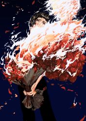 2boys absurdres black_background black_eyes black_hair black_pants blue_background bouquet burning falling_petals feet_out_of_frame fire floating_hair flower from_behind highres holding holding_bouquet ikari_shinji looking_at_another male_focus multiple_boys nagisa_kaworu neon_genesis_evangelion pants petals red_petals rose short_hair short_sleeves white_sleeves zhiwukafuka