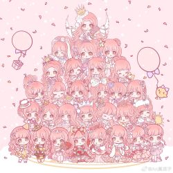 6+girls :o ^_^ angel_wings anmoliangzi balloon bird blunt_bangs bouquet bow braid brown_eyes chibi chick chinese_commentary clone closed_eyes closed_mouth commentary_request confetti crown dress eyelashes flower food_print forehead frilled_bow frills fruit_print gold_crown gown hair_bow hair_flower hair_ornament hair_rings hat heart heart_hair_ornament highres holding holding_bouquet holding_stuffed_toy long_hair mini_hat mini_top_hat momo_(nikki) multiple_girls nikki_(nikki) nikki_(series) open_mouth party_hat peach_print pink_background pink_dress pink_hair pink_ribbon red_bow red_dress ribbon shining_nikki side_ponytail sidelocks smile standing stuffed_toy table tareme top_hat updo very_long_hair watermark wavy_hair weibo_watermark white_bow white_hat wings