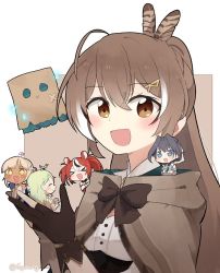 +_+ ahoge blue_eyes blue_hair blush brown_capelet brown_cloak brown_corset brown_eyes brown_hair capelet ceres_fauna cloak corset detached_sleeves dress feather_hair_ornament feathers friend_(nanashi_mumei) gloves green_hair gyaheung hair_ornament hakos_baelz highres holocouncil hololive hololive_english limiter_(tsukumo_sana) looking_at_viewer multicolored_hair nanashi_mumei nanashi_mumei_(1st_costume) ouro_kronii partially_fingerless_gloves planet_hair_ornament ponytail red_hair ribbon runes shirt streaked_hair tsukumo_sana virtual_youtuber white_hair white_shirt