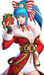 1girl blue_eyes bow breasts christmas cleavage_cutout clothing_cutout coat curvy female_focus fluffy gloves hand_on_own_hip huge_breasts large_breasts leona_heidern long_sleeves pale_skin pants ponytail shorts standing the_king_of_fighters thick_thighs thighs wide_hips