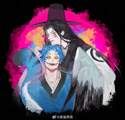 2boys animal_ears artist_name beard_stubble black_hair black_hat black_sclera blue_hair chinese_commentary colored_sclera commentary_request derpy_(kpop_demon_hunters) extra_eyes facial_hair facial_mark fangs feathers gat_(hat) hanbok harpy_boy hat highres jewelry korean_clothes kpop_demon_hunters long_hair long_sleeves male_focus monster_boy multiple_boys necklace open_mouth orange_sclera personification ringed_eyes sharp_teeth short_hair stubble sussie_(kpop_demon_hunters) tail teeth tiger_boy tiger_ears tiger_tail upper_body very_long_hair watermark weibo_watermark wenrui_zhang white_feathers wide-eyed wide_sleeves yellow_eyes