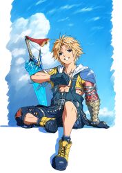 1boy absurdres blonde_hair blue_eyes cropped_jacket earrings final_fantasy final_fantasy_x full_body highres jacket jewelry male_focus pendant short_hair sitting solo sword tidus weapon yellow_jacket zupakyo