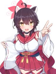 1girl :d ahoge animal_ears black_choker black_hair blue_archive breasts choker commentary cowboy_shot detached_sleeves fang hair_between_eyes hakama halo highres japanese_clothes kaede_(blue_archive) large_breasts lolikaku looking_at_viewer open_mouth oppai_loli pink_halo red_hakama red_sailor_collar sailor_collar short_hair simple_background skin_fang sleeveless smile solo tassel thighhighs v white_background white_thighhighs wide_sleeves yellow_eyes