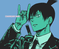 1boy black_hair black_necktie black_suit blue_background chainsaw_man collared_shirt commentary copyright_name earrings formal_clothes fox_shadow_puppet hayakawa_aki jewelry male_focus matahei necktie one_eye_closed shirt signature simple_background solo stud_earrings suit sword sword_on_back topknot weapon weapon_on_back