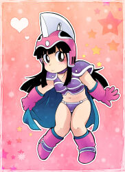 Rule 34 | 1girl, armor, bikini armor, black eyes, black hair, blue cape, boots, cape, chi-chi (dragon ball), closed mouth, dragon ball, ebi no hito, full body, gloves, heart, helmet, long hair, navel, pink boots, pink gloves, pink helmet, smile, solo, star (symbol)