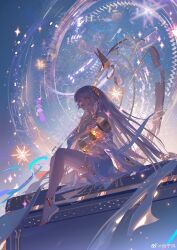 1girl absurdres anklet bare_legs bare_shoulders barefoot blue_eyes character_request chinese_commentary commentary_request detached_sleeves diffraction_spikes dress fireworks full_body gold_anklet highres holding_hourglass hourglass jewelry key legs legs_together long_hair looking_ahead onmyoji parted_lips sitting sleeveless sleeveless_dress solo straight_hair thigh_strap toenails toes very_long_hair watermark weibo_watermark white_dress white_hair yangming_li_wan_dianfen_chang
