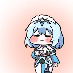 1girl alterkero aqua_hair asymmetrical_clothes blush_stickers breasts chibi closed_eyes cup detached_sleeves gradient_background highres holding holding_cup large_breasts last_origin maid maid_headdress puffy_sleeves short_hair smile solo teacup tiara titania_frost underboob