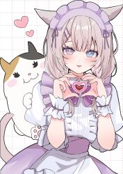 1girl absurdres animal_ears blue_eyes braid brown_hair cat_ears cat_girl cat_tail facial_mark fat_cat_(ff14) final_fantasy final_fantasy_xiv frilled_wrist_cuffs frills heart heart_hands heterochromia highres lilith_degree looking_at_viewer maid maid_headdress miqo&#039;te purple_eyes purple_headdress tail twin_braids warrior_of_light_(ff14) whisker_markings wrist_cuffs